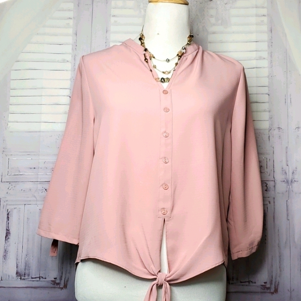 Papermoon Blush Pink Button-Front Tie Hem Top